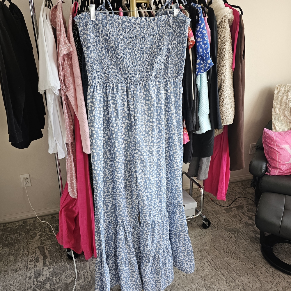 Blue Floral Strapless Maxi Dress